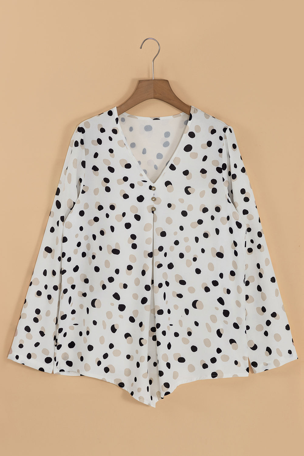 Polka Dot Print Button Front V Neck Blouse