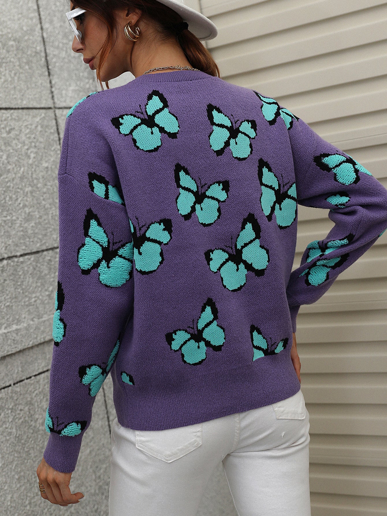 Casual Butterfly Printed Pullover Long Sleeves Knitted Tops