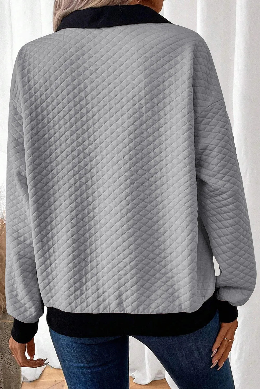 Oatmeal Textured Colorblock Edge Buttoned Collar Sweatshirt