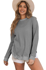 Gray Crew Neck Ribbed Trim Waffle Knit Top