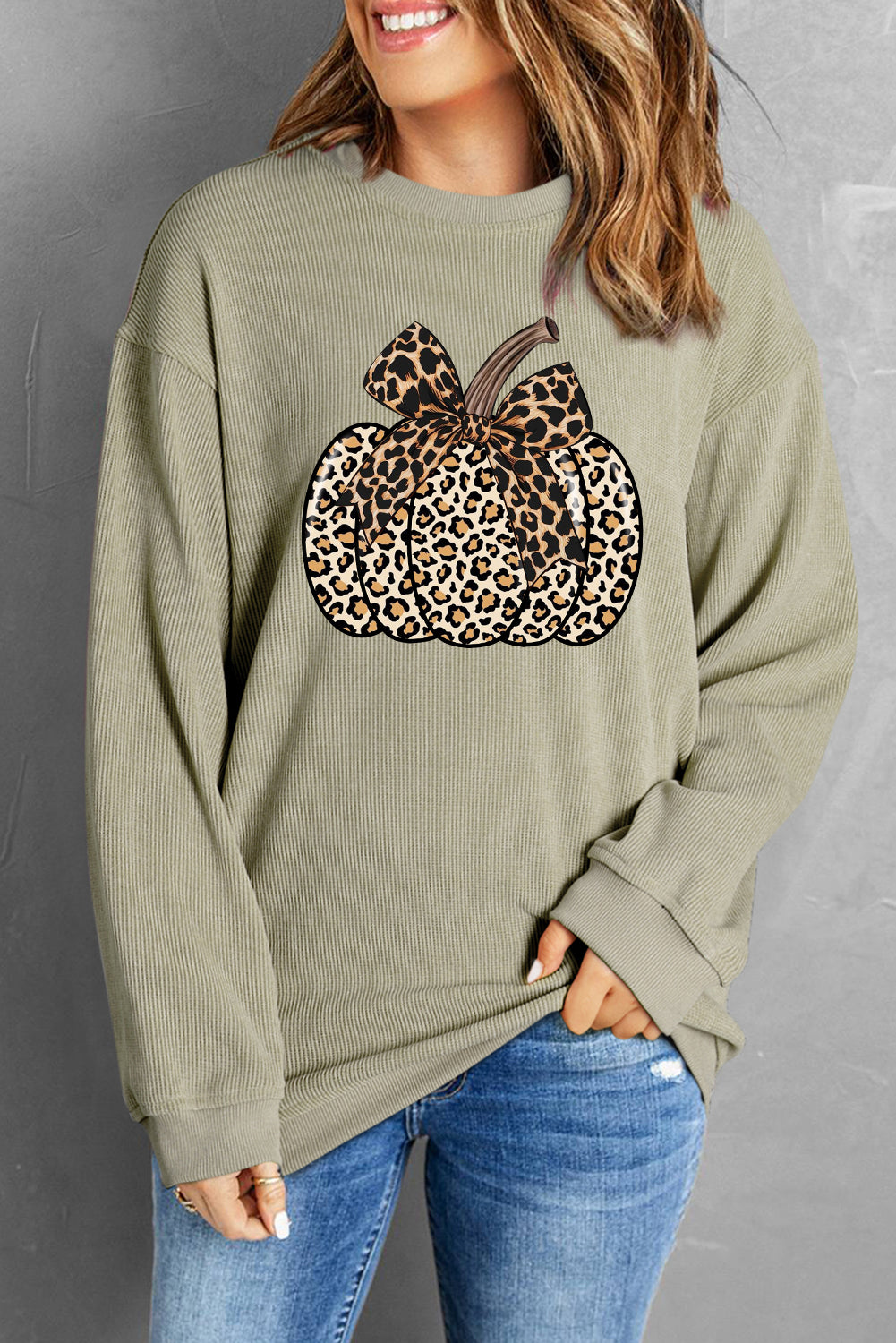 Leopard Print Pumpkin Ribbed Knit Crew Neck Pullover Sweatshirt