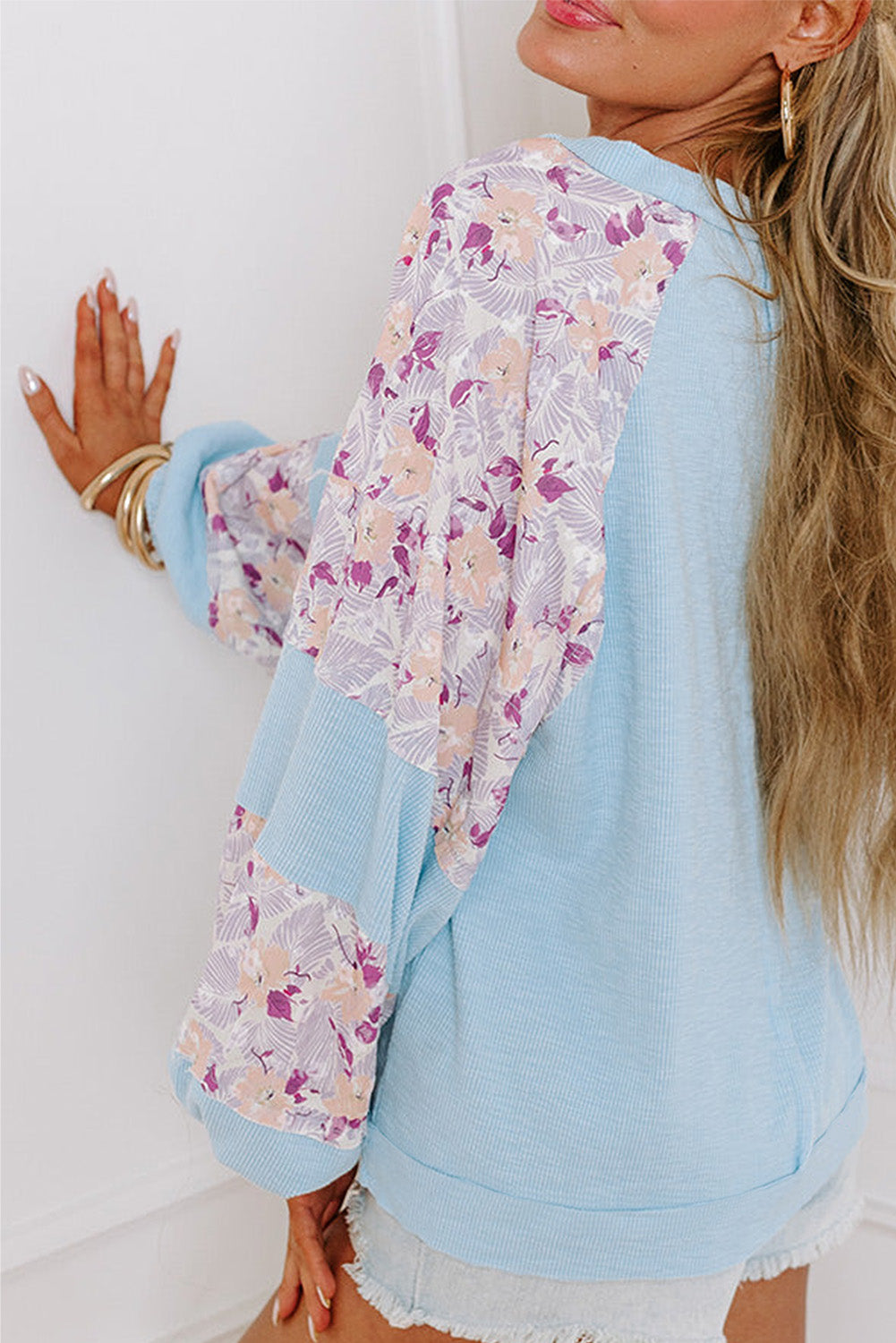 Textured Floral Patchwork Balloon Sleeve Blouse