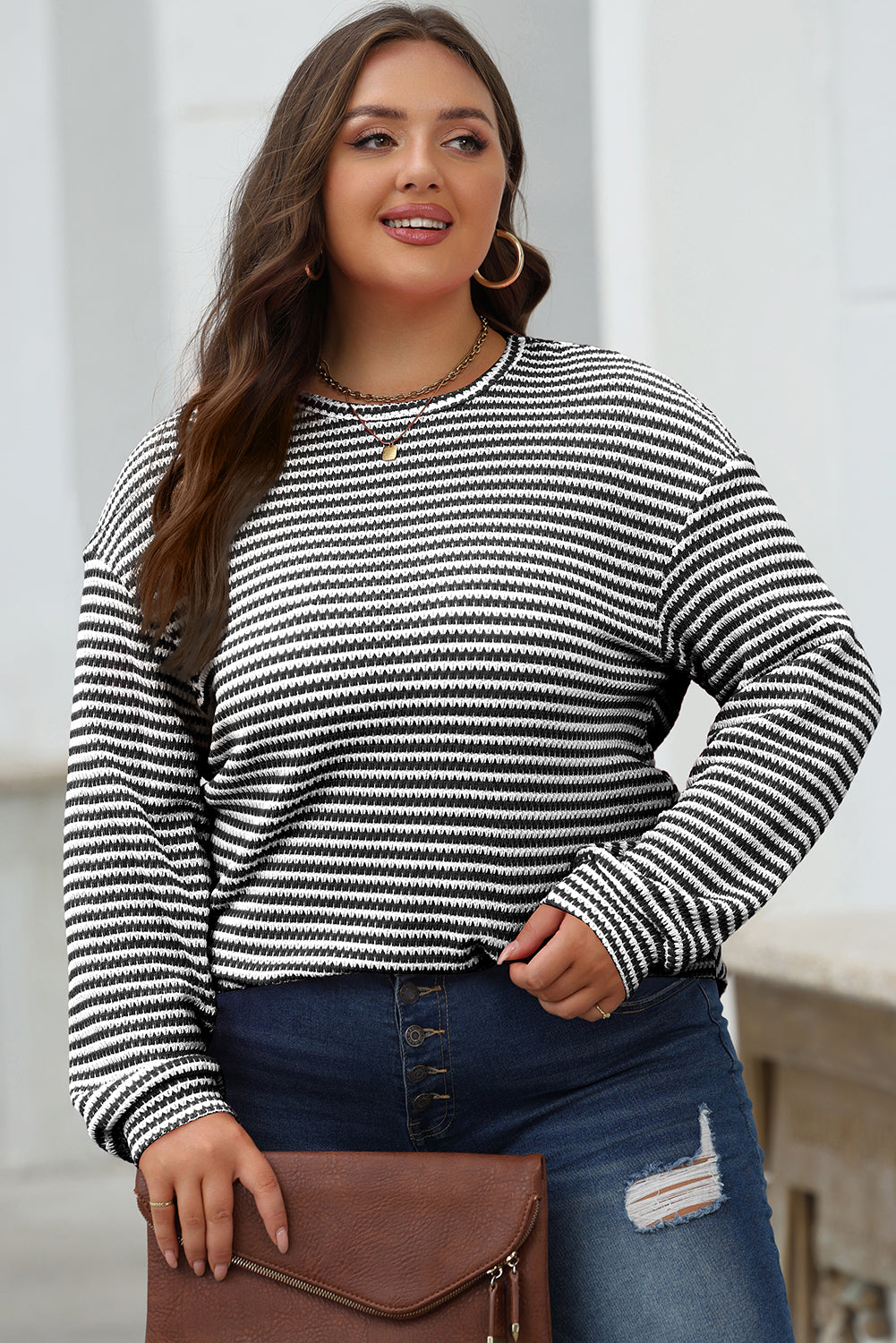 Stripe Round Neck Drop Shoulder Long Sleeve Top