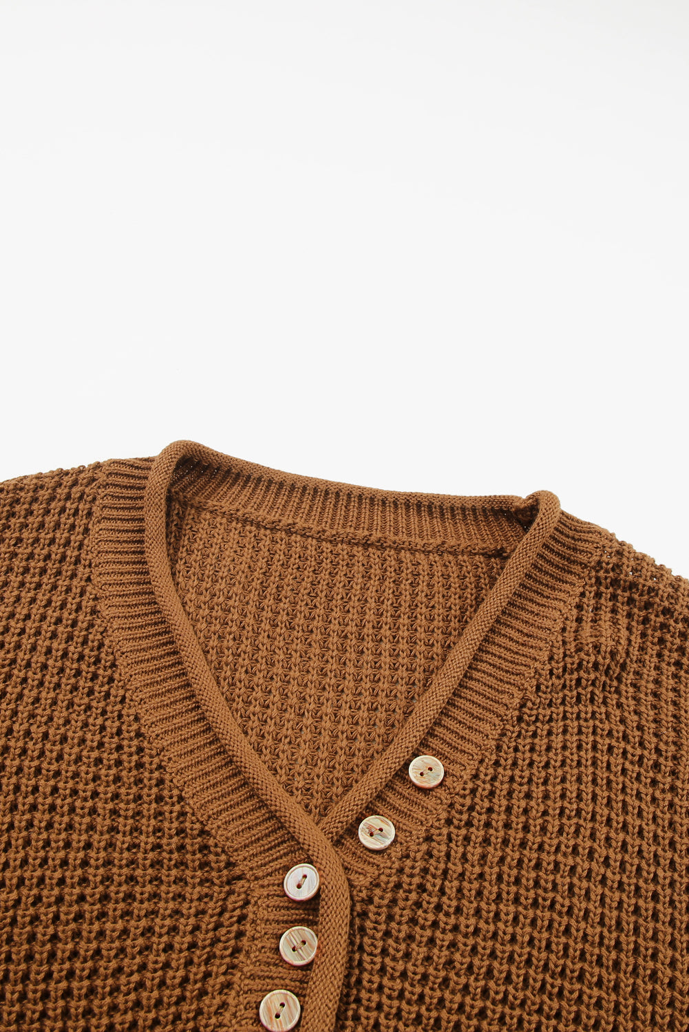 Khaki Pointelle Knit Button V Neck Drop Shoulder Sweater