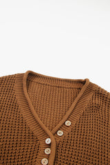 Khaki Pointelle Knit Button V Neck Drop Shoulder Sweater