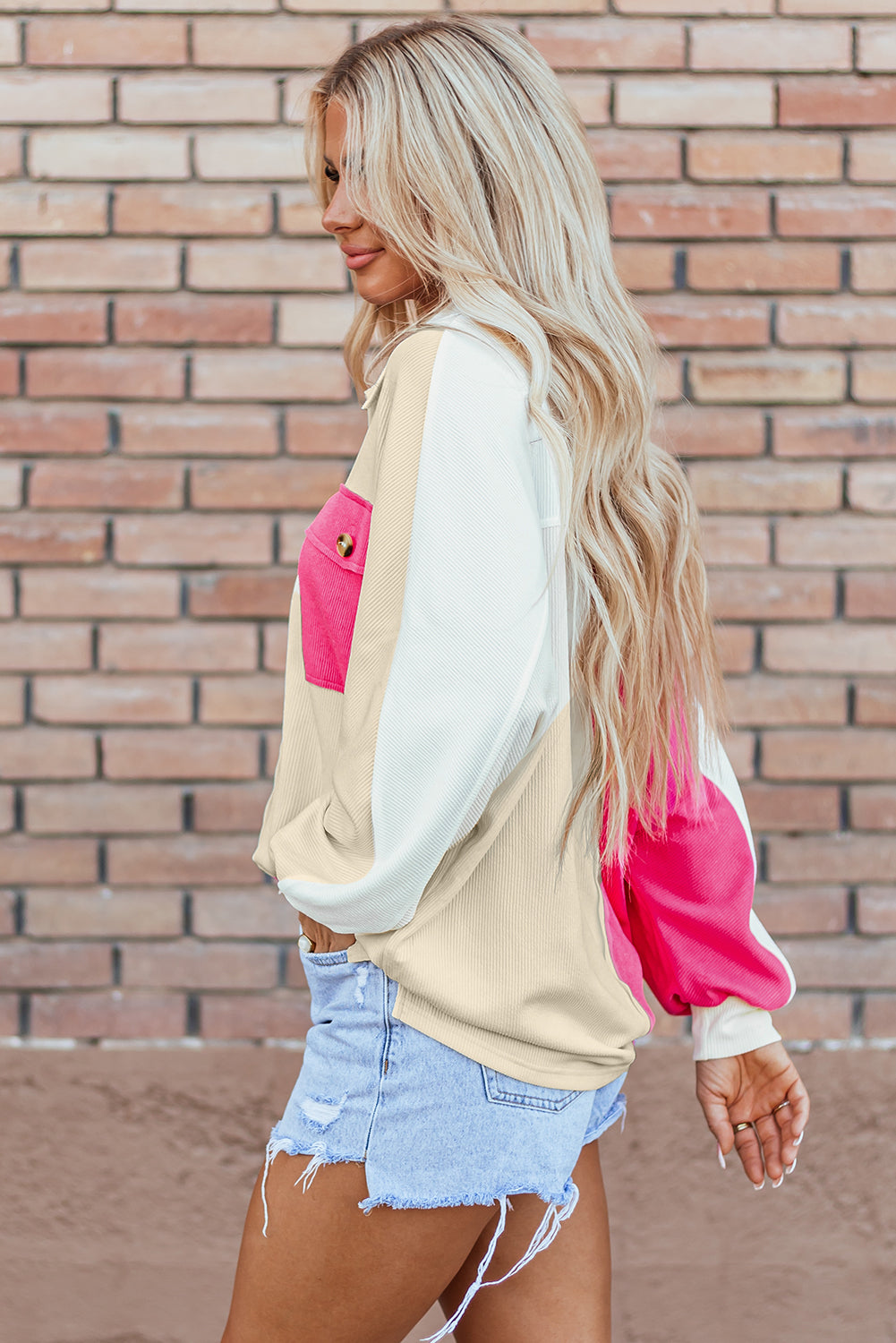 Women's Colorblock Ribbed Collared Oversized Sweatshirt