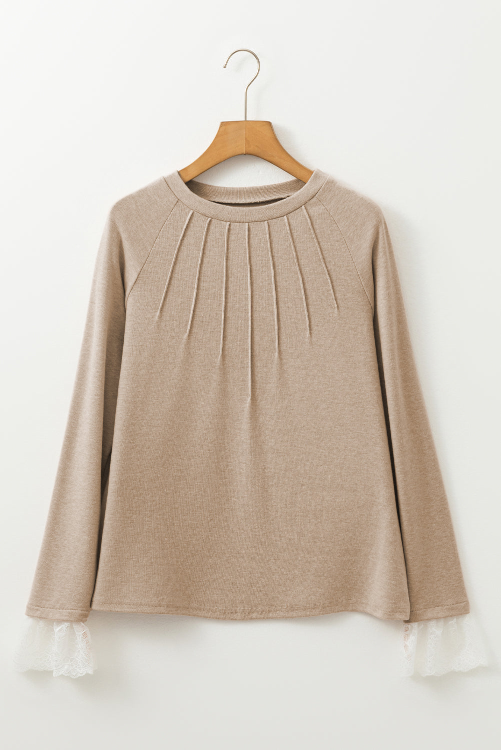 Solid Color Seam Detail Lace Contrast Cuffs Raglan Sleeve Top