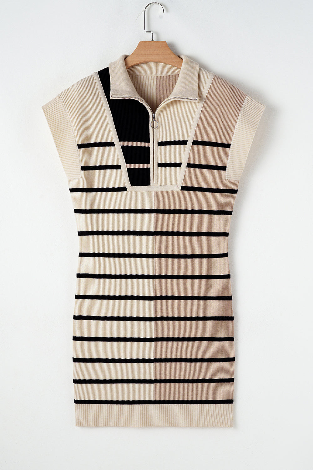 Stripe Color Block Quarter Zip Collar Short Sleeve Sweater Dress