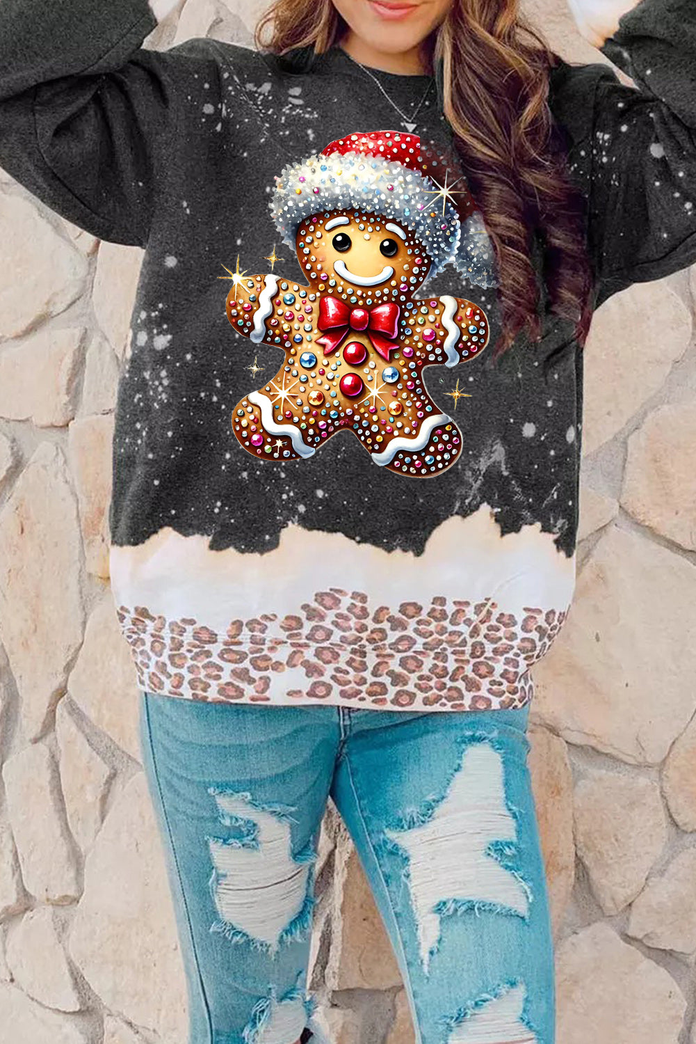 Santa Hat Bear Pattern Bleached Pullover Sweatshirt