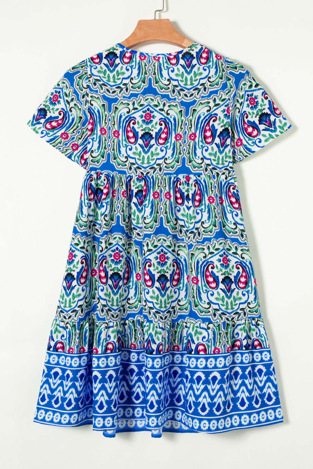 Multicolor Bohemian Print Tie Neck Ruffle Hem Short Dress