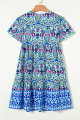 Multicolor Bohemian Print Tie Neck Ruffle Hem Short Dress