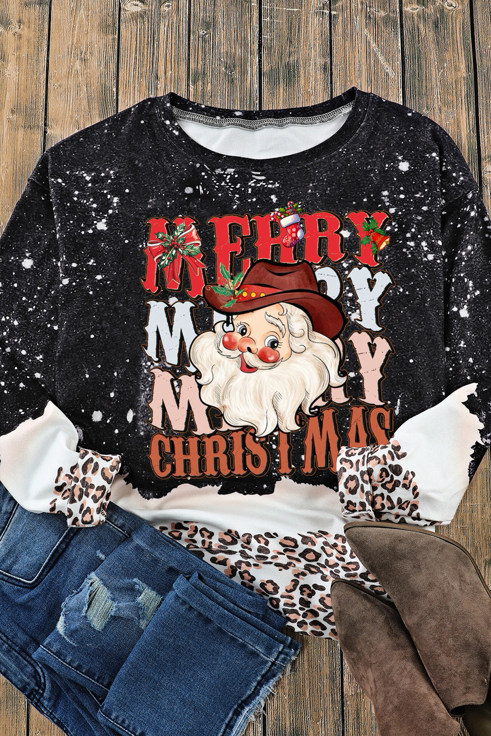 Santa Claus Pattern Black Pullover Sweatshirt