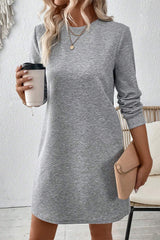 Solid Color Textured Long Sleeve Shift Dress