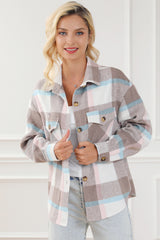 Pale Khaki Plaid Big Flap Pocket Amber Button Shacket