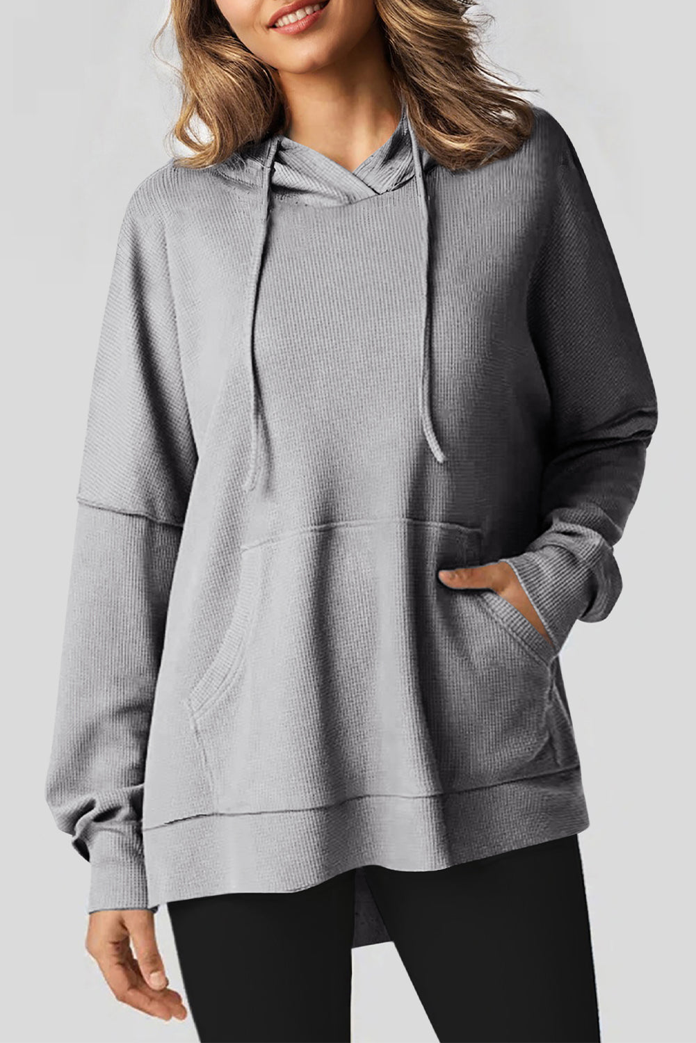 Waffle Knit Fleece Lined High Low Oversized Hoodie