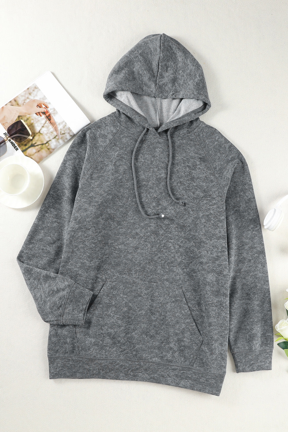 Gray Mineral Wash Kangaroo Pocket Drawstring Pullover Hoodie