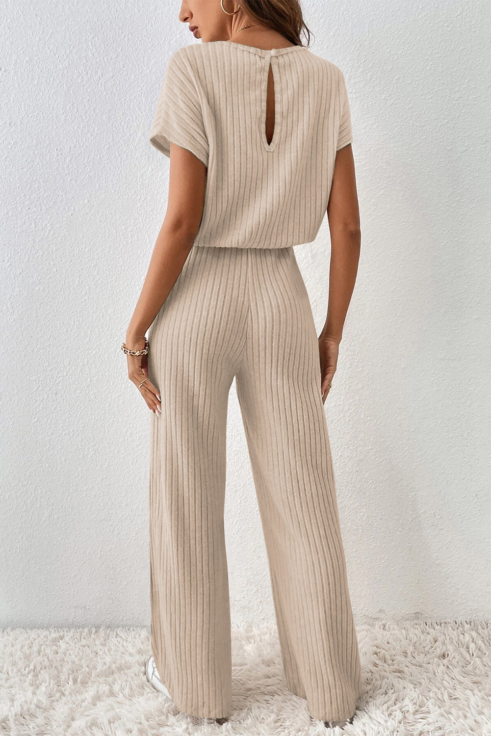 Solid Color Ribbed Short Sleeve Wide Leg Jumpsuit