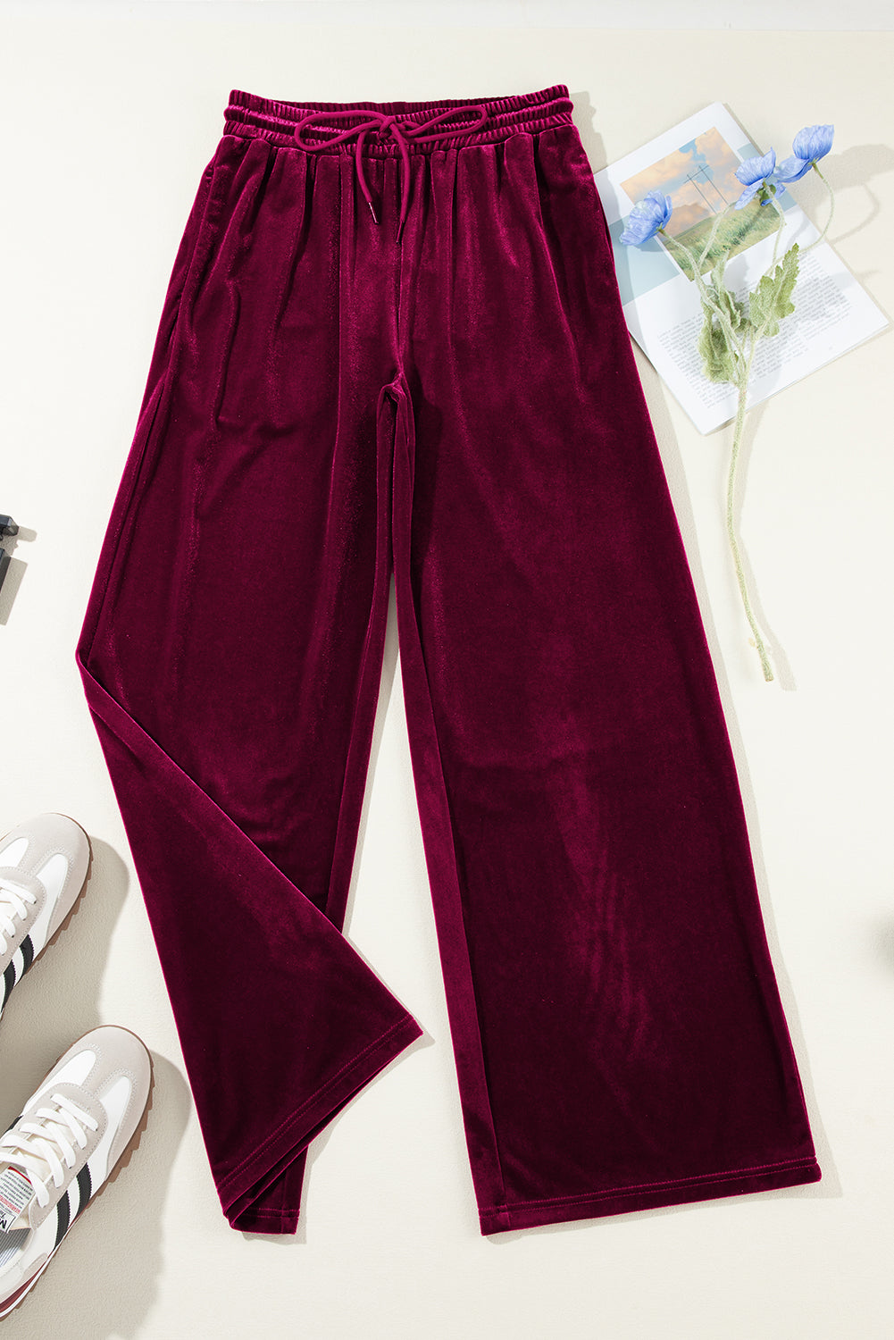 Solid Drawstring Waist Wide Leg Pants