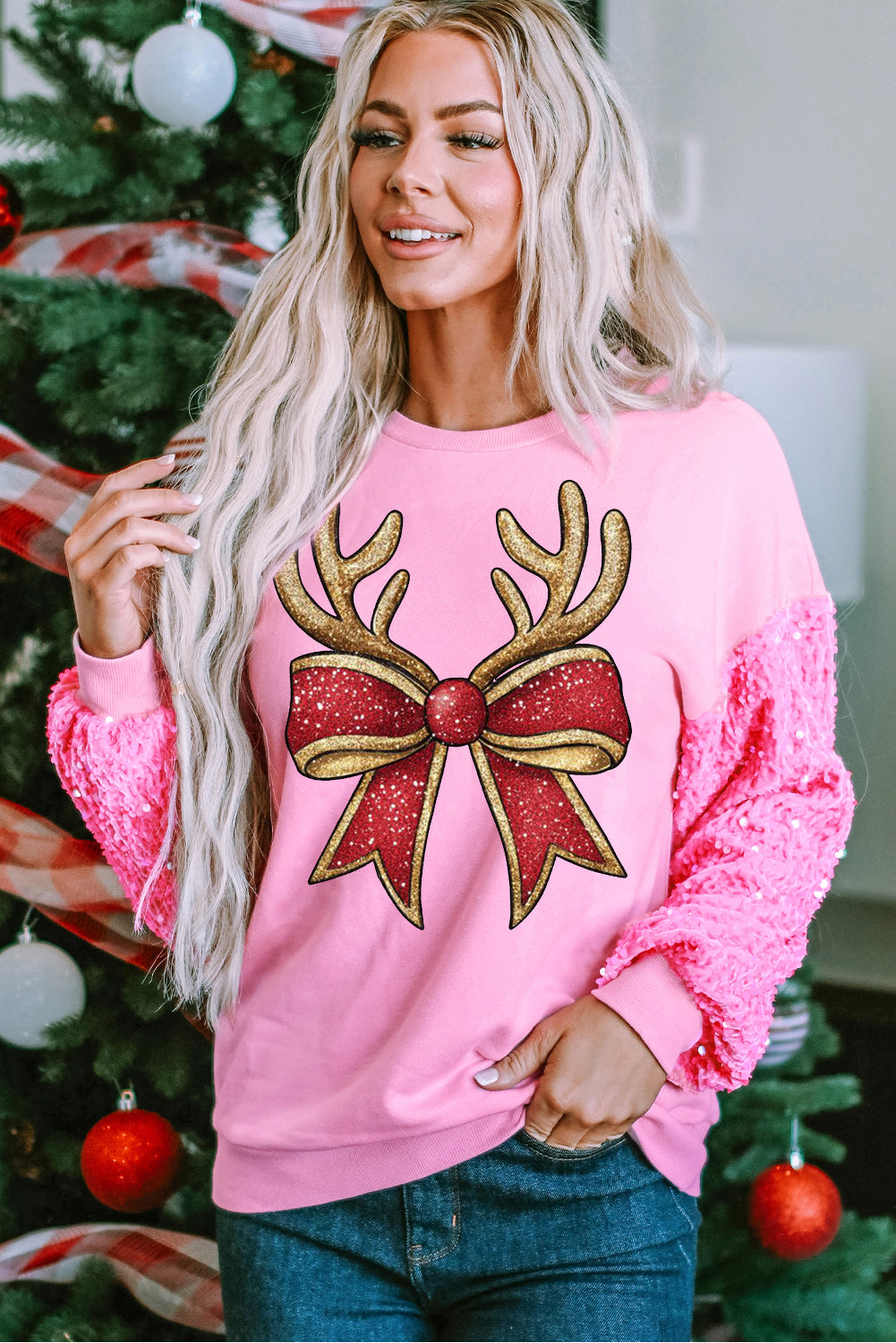 Christmas Antler Bow Pattern Patchwork Sleeve Pink Pullover Sweater