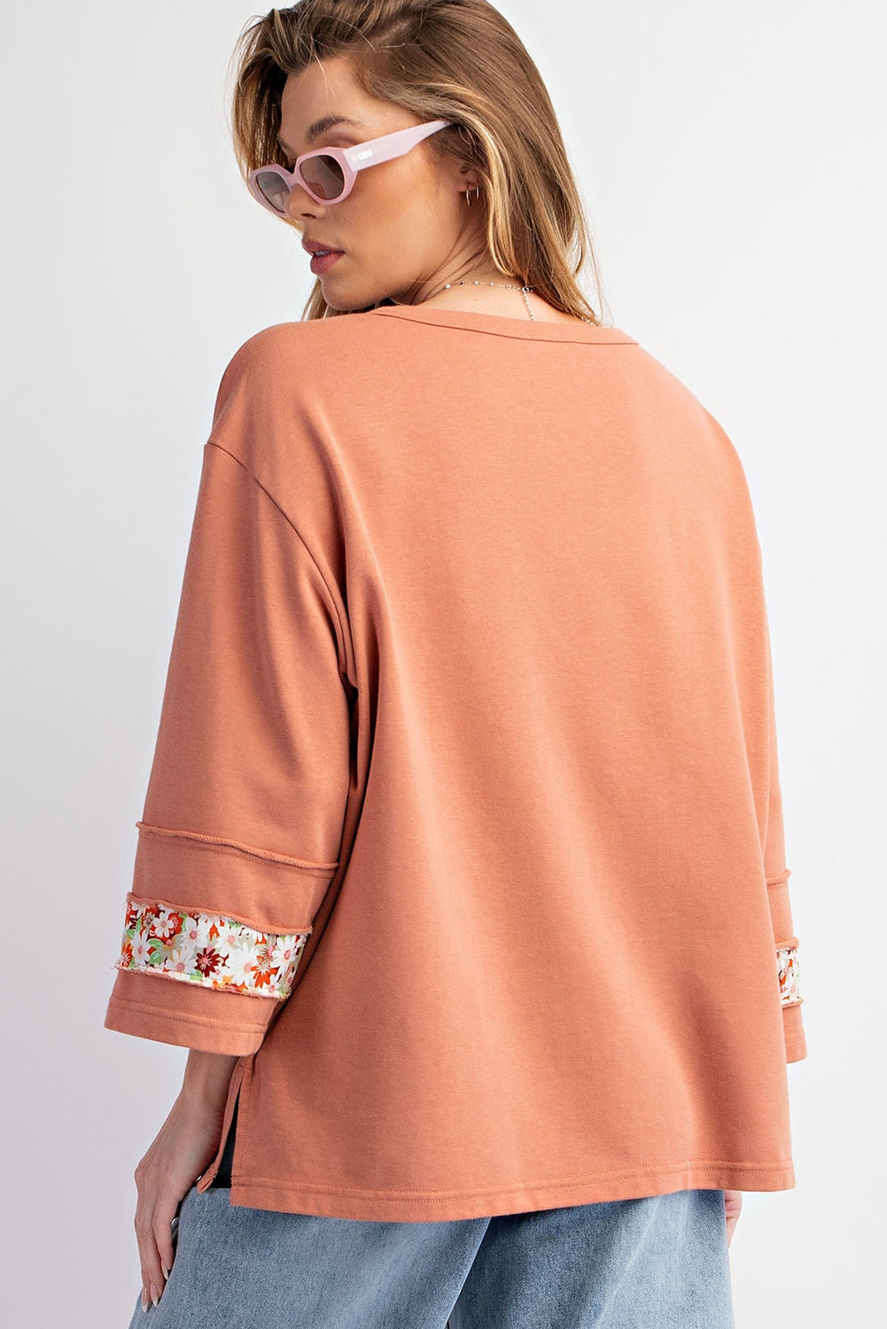 Flower Patch Graphic Exposed Seam Wide Sleeve Top