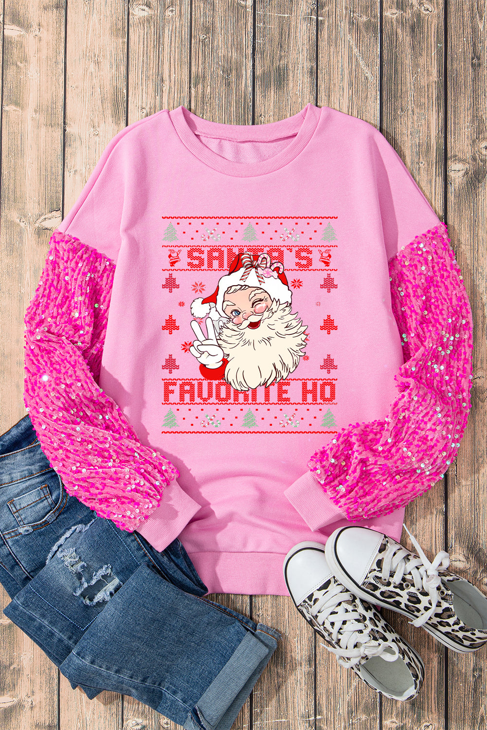 Christmas Santa Pattern Patchwork Sleeve Pink Pullover Sweater