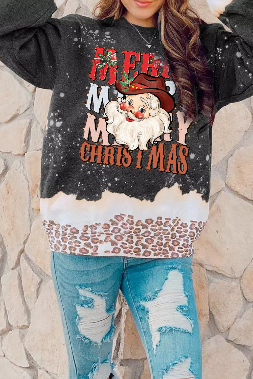 Santa Claus Pattern Black Pullover Sweatshirt