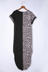 Black Leopard Short Sleeve T-shirt Dress with Slits