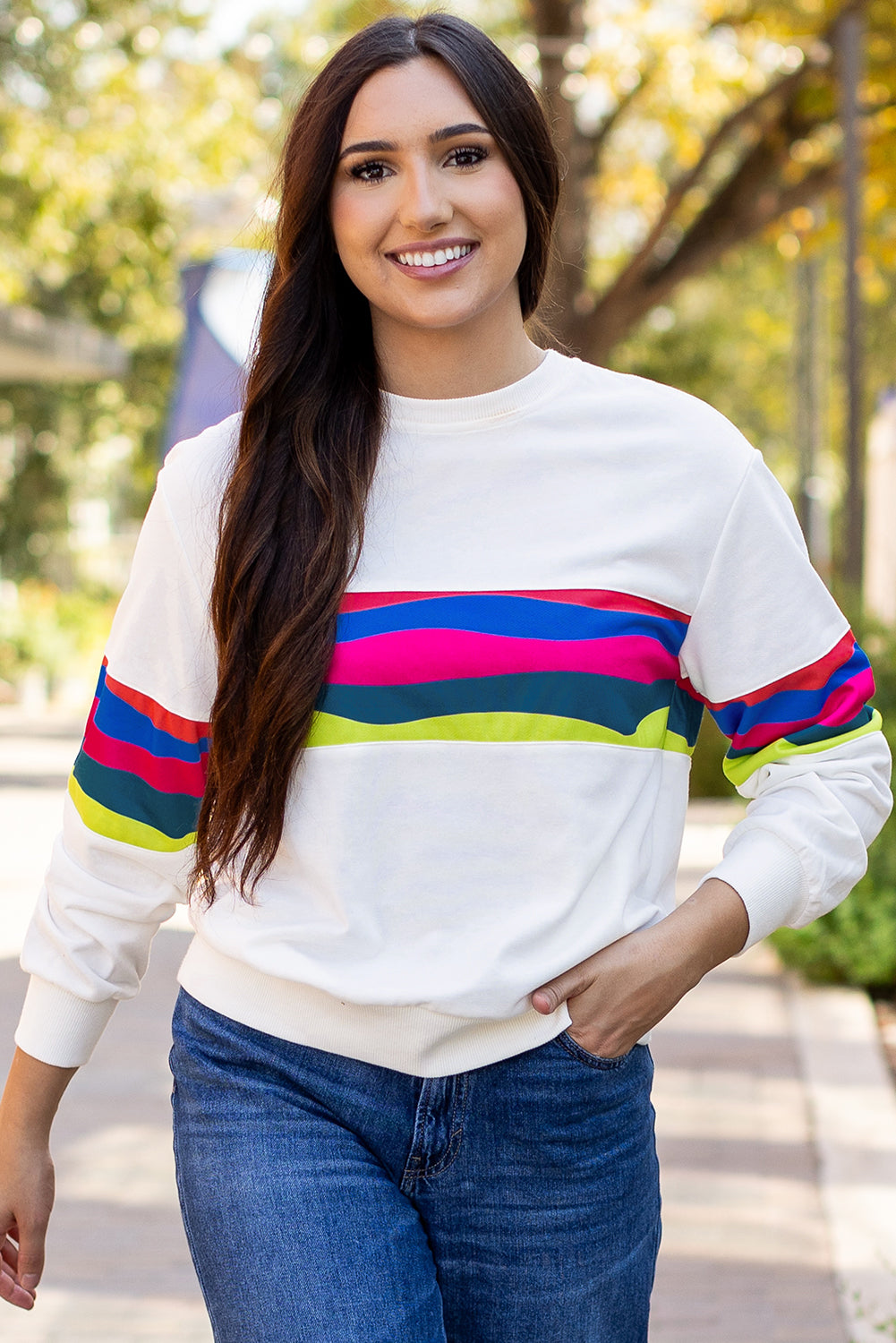 Colorful Striped Accent Long Sleeve T Shirt