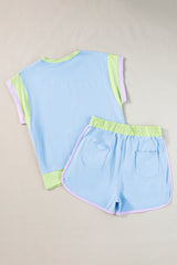 Solid Color Contrast Trim Cap Sleeve Tee Shorts Set