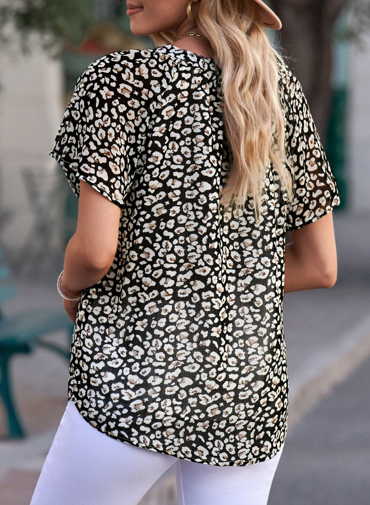 Floral Print Short Sleeved Top Loose V-neck Pullover T-shirt