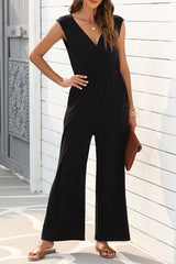 Women's Deep V Pleated Crisscross Wide Leg Backless Jumpsuit