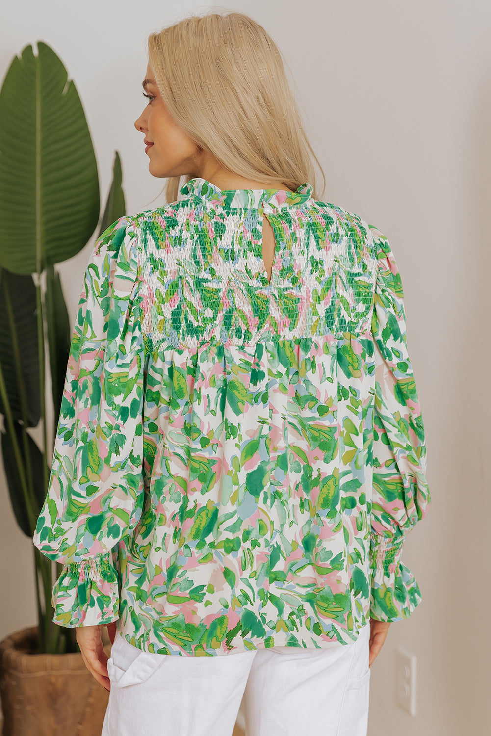 Green Leafy Printed Flounce Sleeve Shirred Mock Neck Blouse