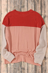 Red Color Block Long Sleeve Ribbed Loose Top