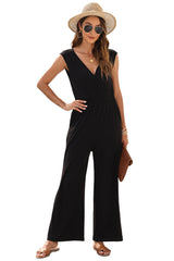 Women's Deep V Pleated Crisscross Wide Leg Backless Jumpsuit