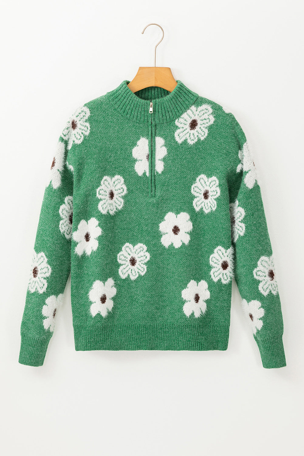 Women's Floral Pattern Half Zip Drop Shoulder Sweater