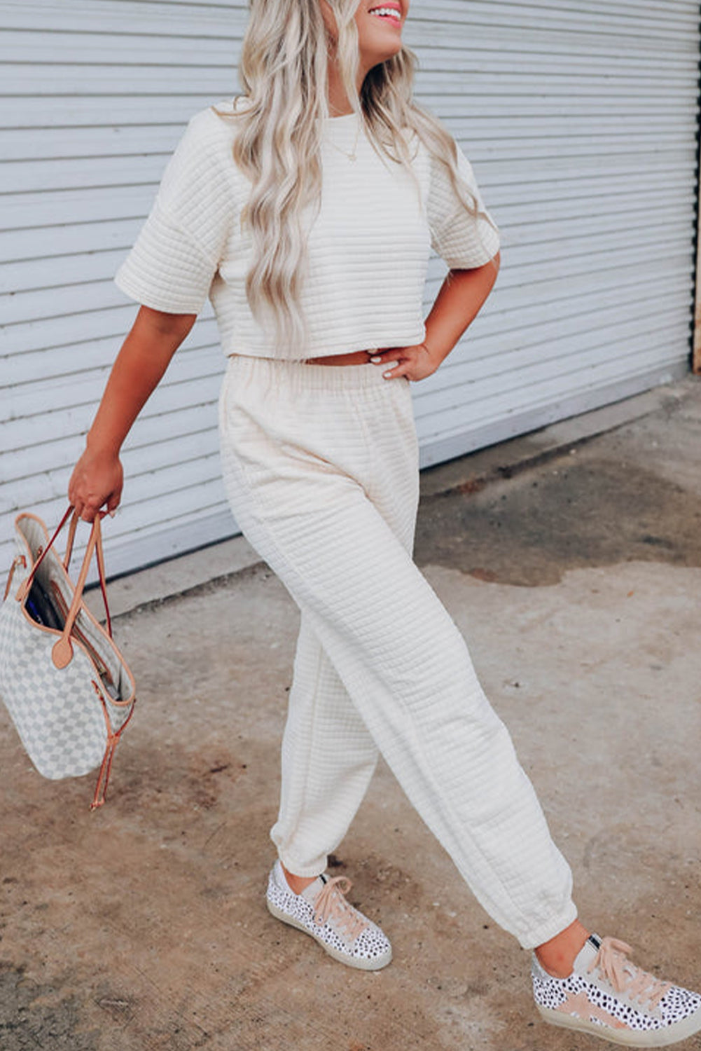 Lattice Textured Cropped Tee and Jogger Pants Set