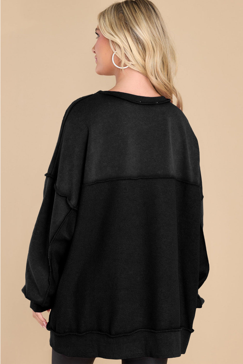 Oversized Exposed Seam Henley Casual Sweatshirt