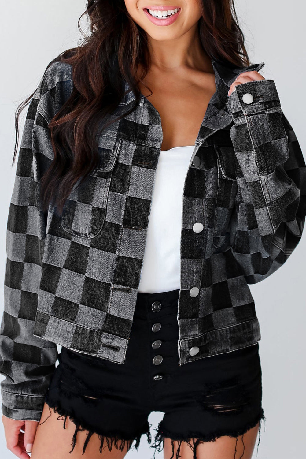 Women's Checkered Patchwork Button up Denim Jacket