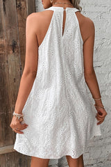 White Boho Eyelet Pattern Halter Neck Sleeveless Dress