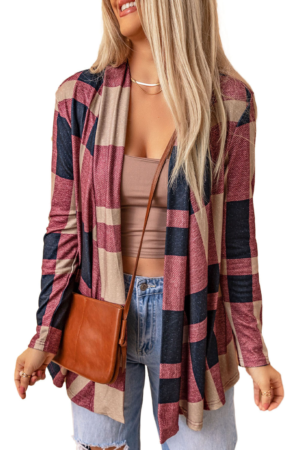 Draped Open Front Plaid Cardigan