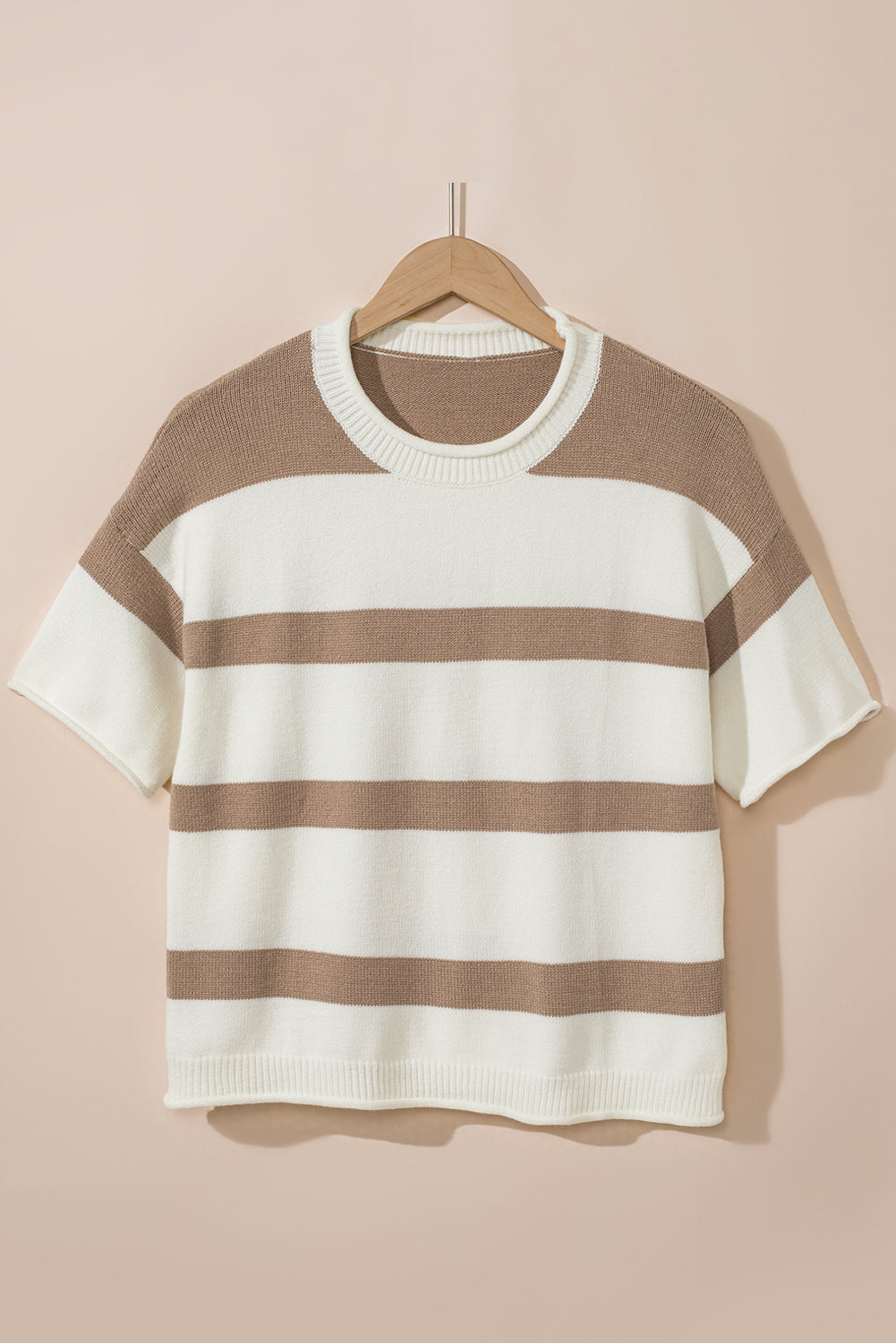 Khaki Stripe Dropped Short Sleeve Lightweight Knitted Top