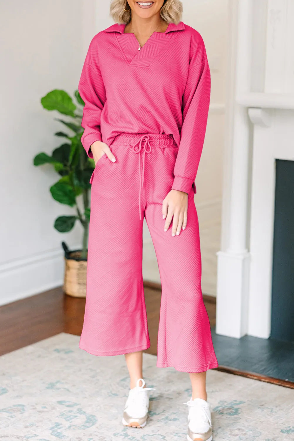 Solid Textured Collared V Neck Top and Wide Leg Pants Set