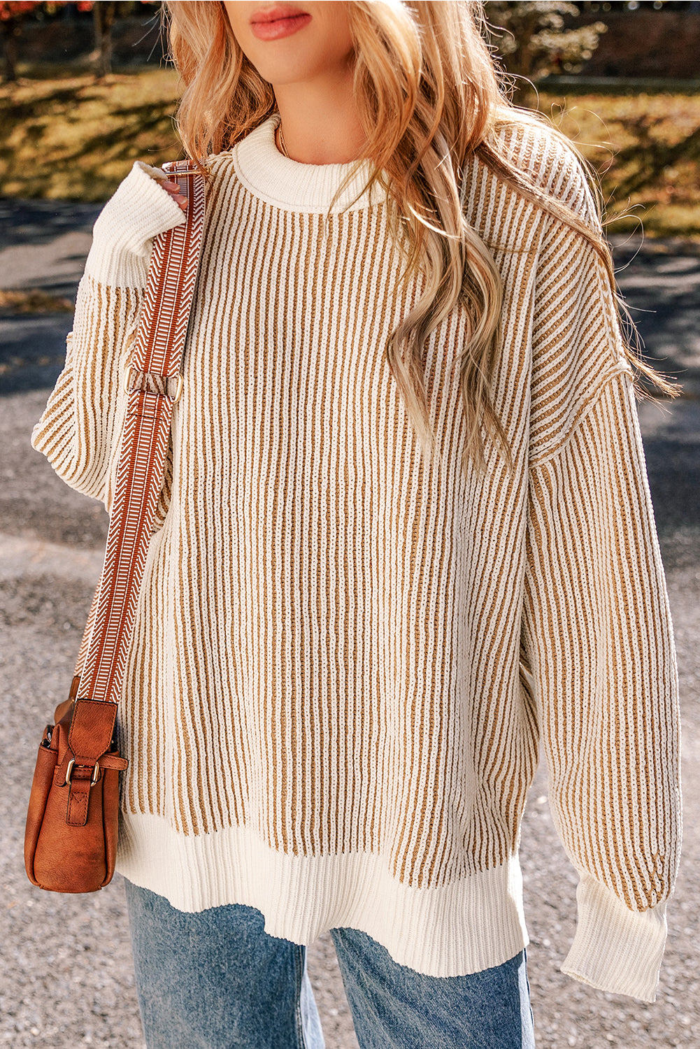 Chestnut Striped Textured Knit Contrast Edge Loose Sweater