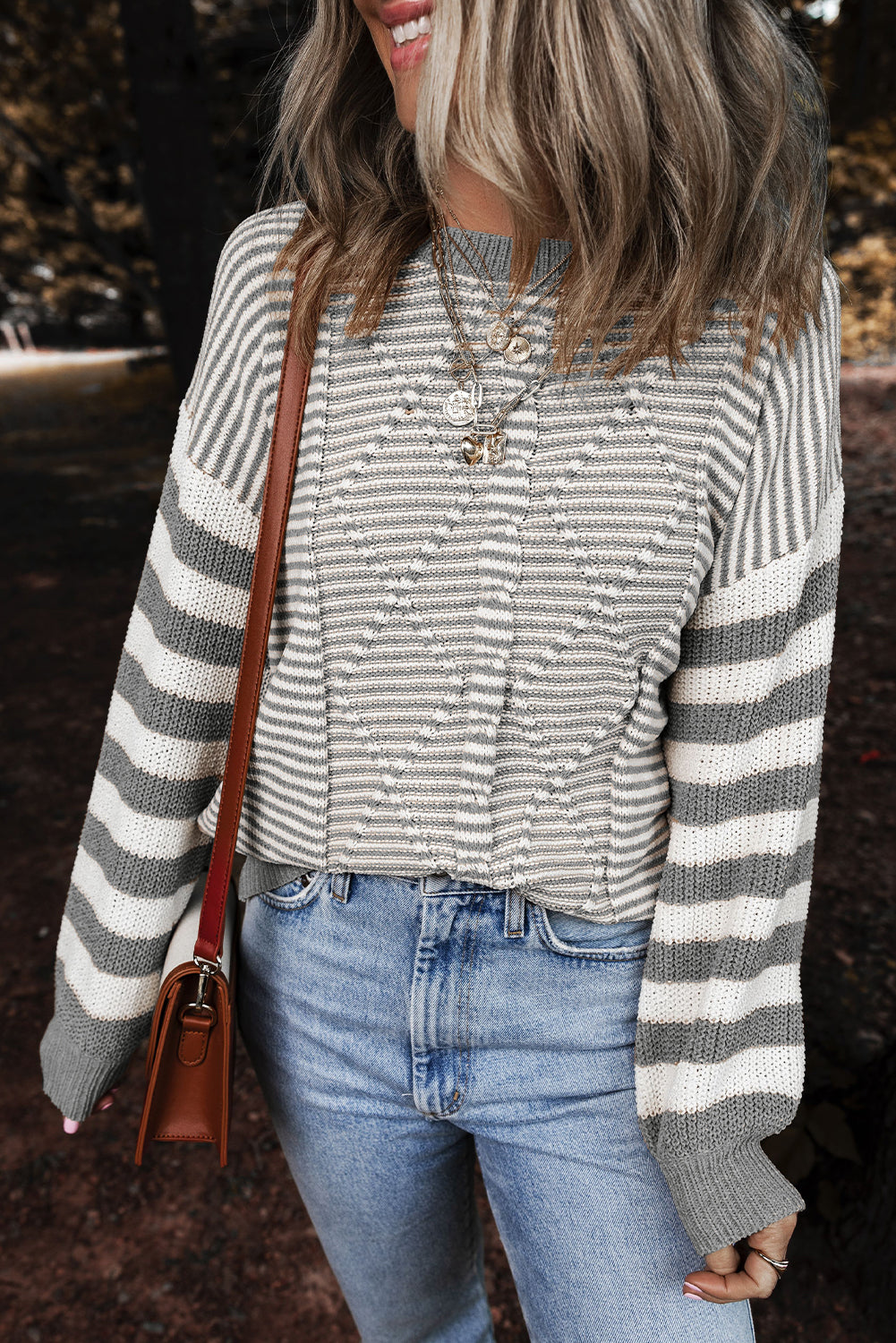 Stripe Geometric Textured Drop Shoulder Sweater