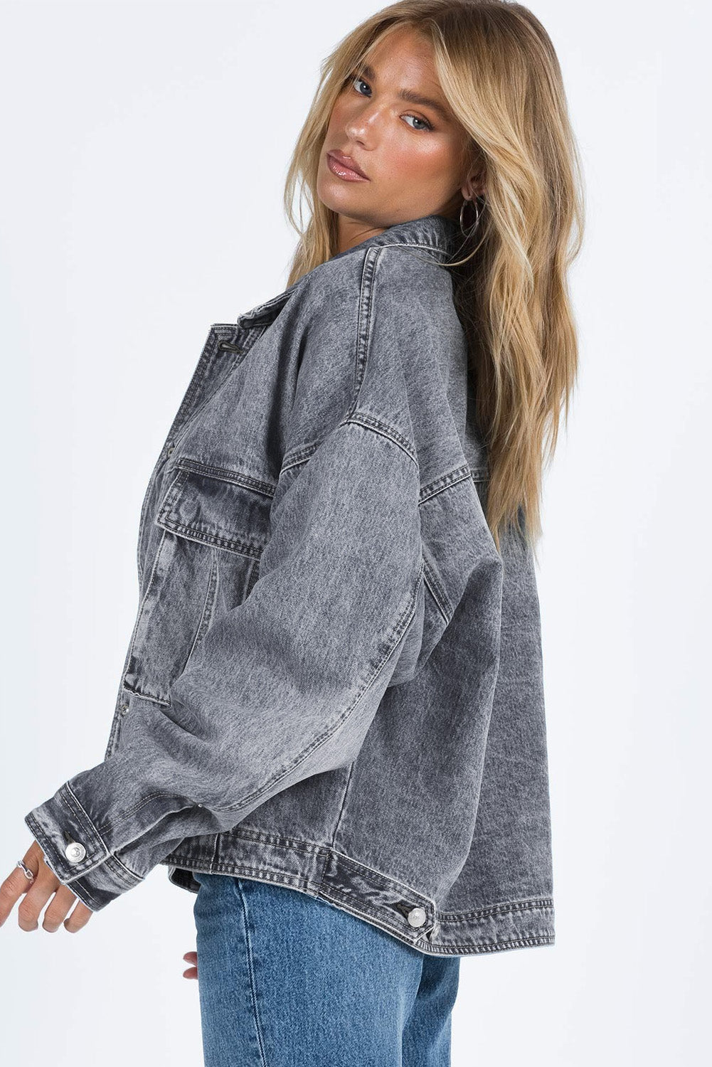 Chest Pockets Drop Shoulder Loose Denim Jacket