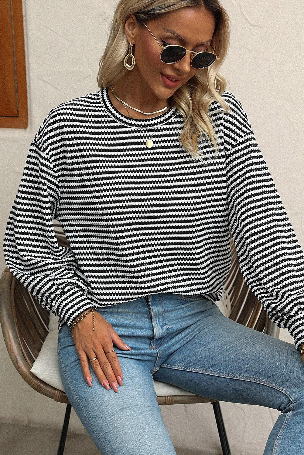 Stripe Round Neck Drop Shoulder Long Sleeve Top