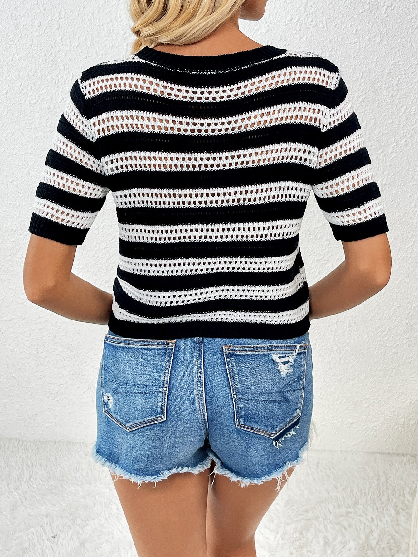 Pullover Striped Short-Sleeved Patchwork Knitwear Tops