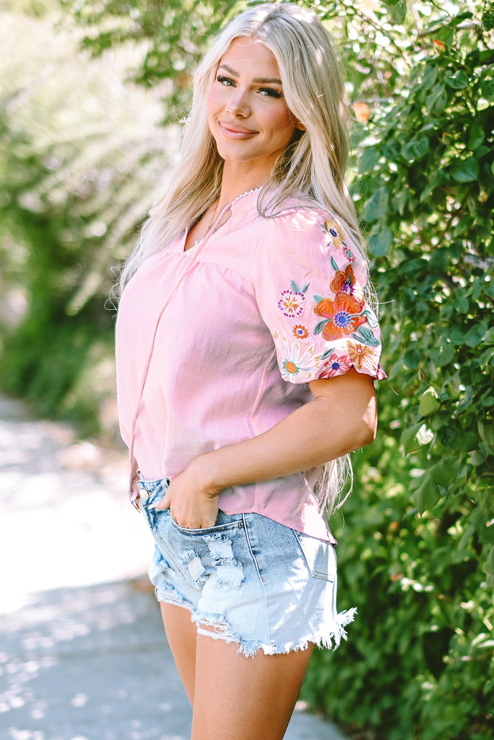 Floral Embroidered Puff Sleeve Split Neck Blouse