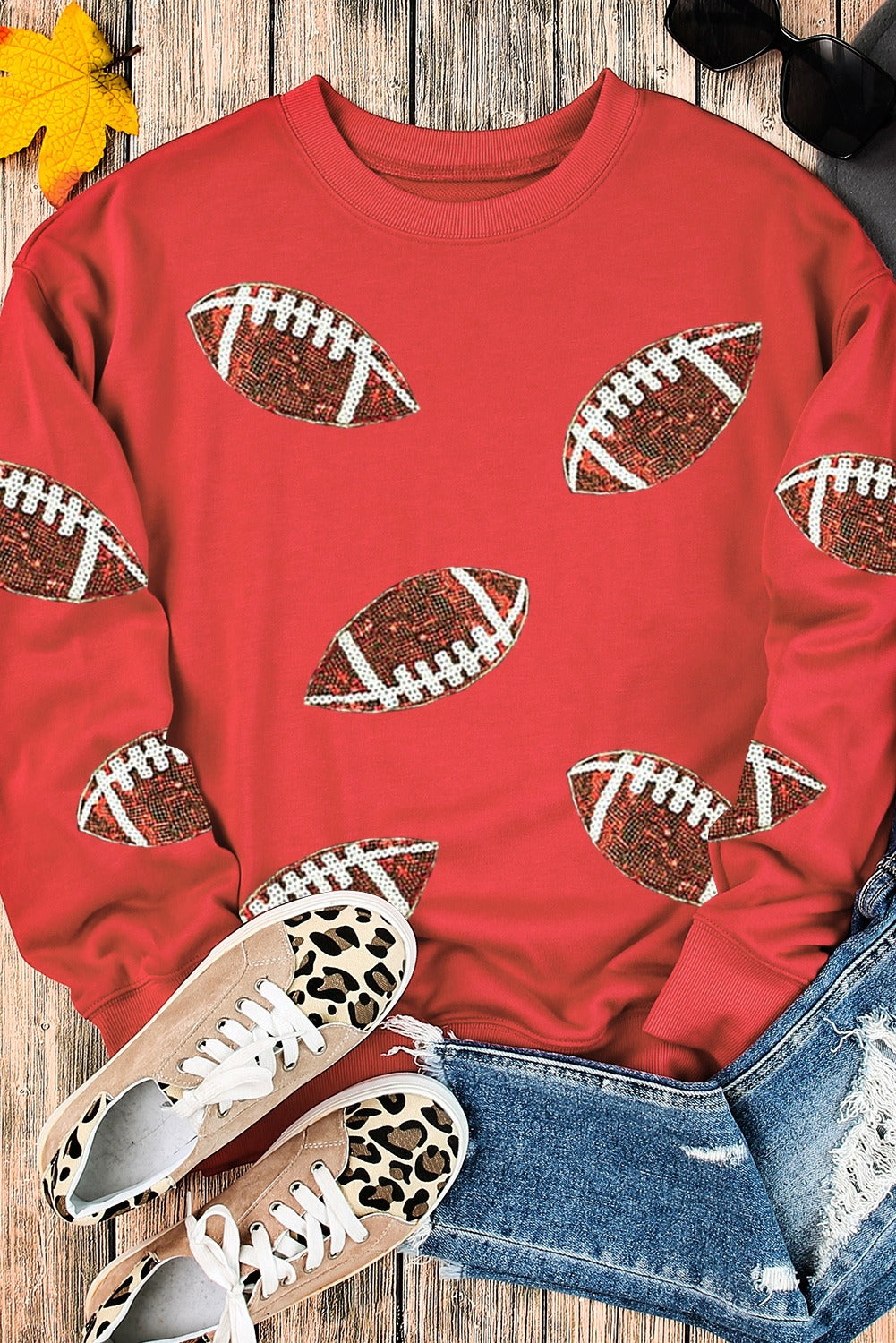 Red Sequined Rugby Football Graphic Drop Shoulder Sweatshirt