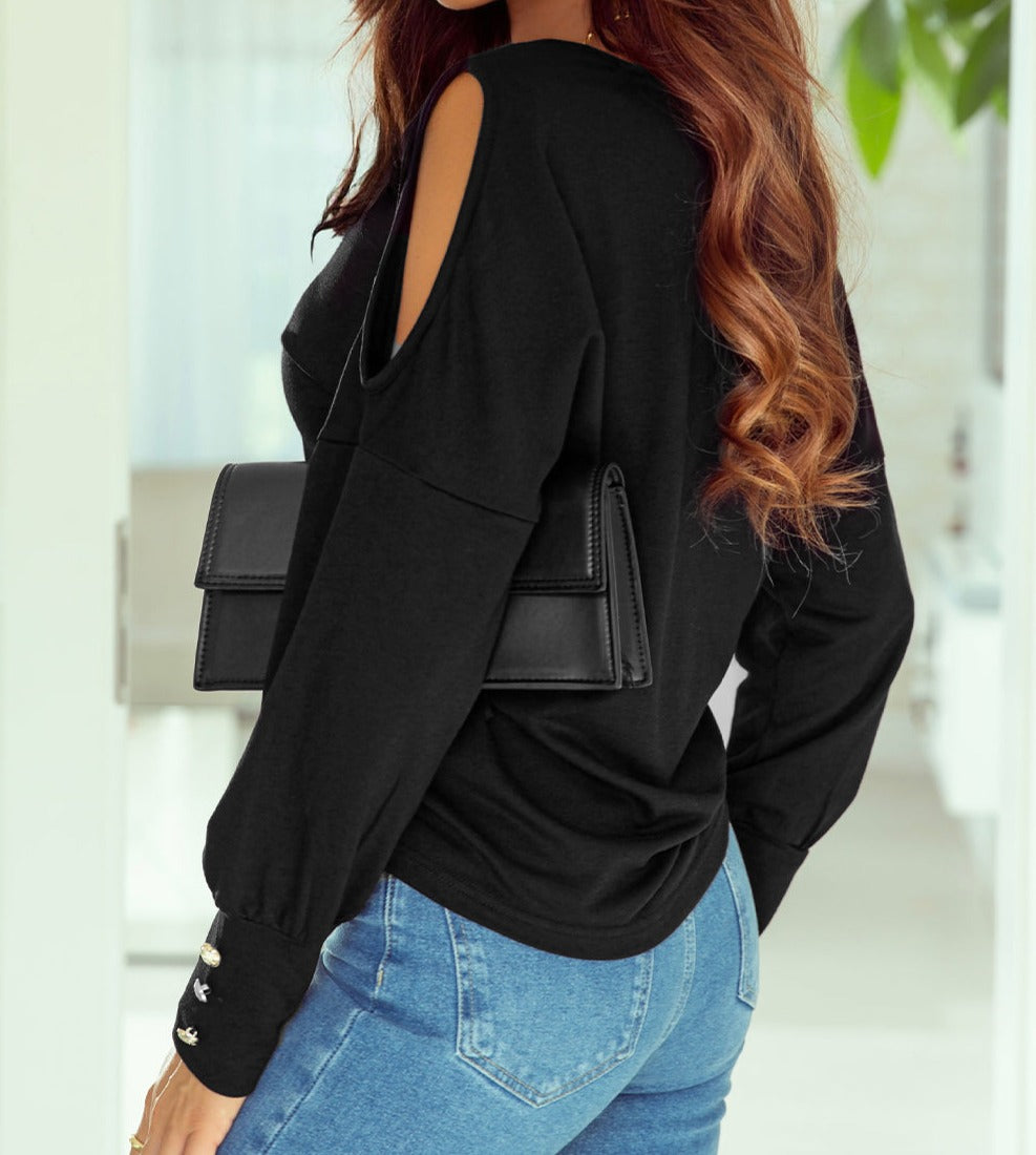 Black Asymmetrical Cut Out Buttoned Long Sleeve Top